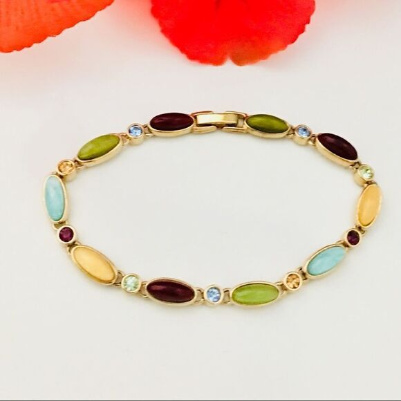 Liz Claiborne Vintage Rhinestones Lucite Bracelet Multicolor Blue Green 4238 - Picture 1 of 4